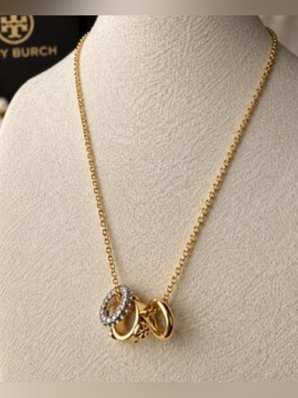 New Tory Burch Gold Tone Icon Pavé Logo Pendant Necklace in Gold on Earring Card